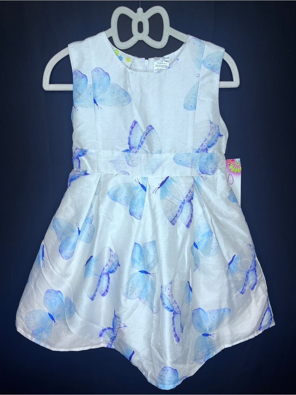 Girls White Dress with Blue Butterfly Print - Formal Occasion